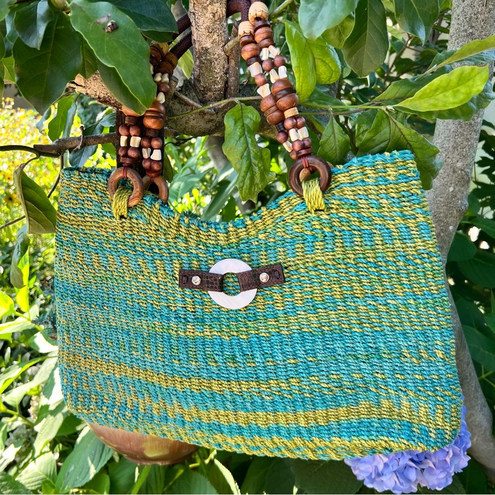 EMMA ROSE Woven Raffia Straw Green Shoulder Strap Bag Tote Beach Resort Artsy - Picture 16 of 16
